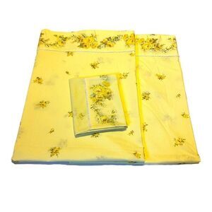 Twin Perma Prest Yellow Floral Set of 2 Flat Sheets 1 Pillowcase Vintage Lot